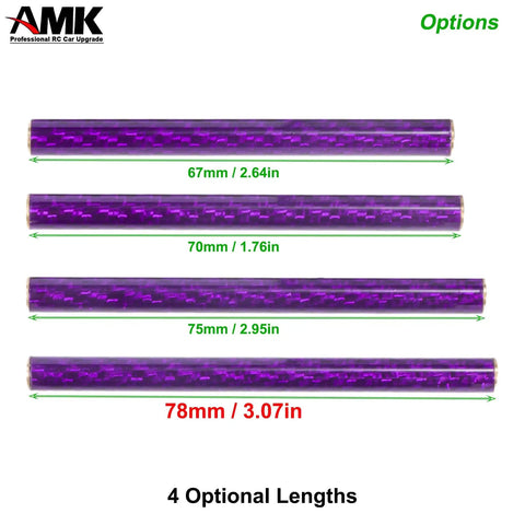 Purple carbon fiber bumper rods showing 67mm, 70mm, 75mm, and Six Pack 78mm Carbon Fiber Bumper Tube Link Rods For 1 To 10 Crawler LCG Chassis Upgrade Kit For DIY Cheater Rigs Fits Axial SCX10 II Element Enduro TRX4 TRX6 Upgrades.