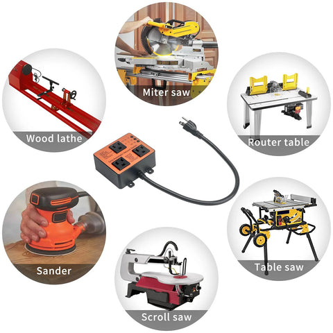 Front view of orange Automatic Vacuum Switch with power cord; shown with six woodworking tools.
