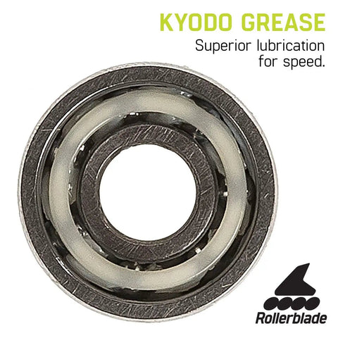 Close-up of ILQ7 Plus Inline Skate Bearings 16 Pack Silver showing Kyodo grease for maximum speed and durability with 7-ball design.