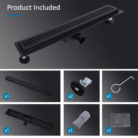 Premium 304 Stainless Steel Linear Shower Drain With 360 Degree Rotation And Hair Strainer No Fuss Invisible Floor Drain kit parts displayed