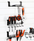 Six Piece Slatwall Screwdriver Holders Set With Three Styles And Two Sizes For Garage Shop And Retail Displays installed on slatwall
