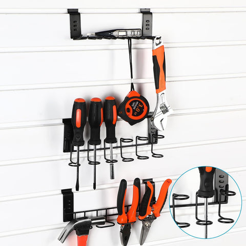 Six Piece Slatwall Screwdriver Holders Set With Three Styles And Two Sizes For Garage Shop And Retail Displays installed on slatwall