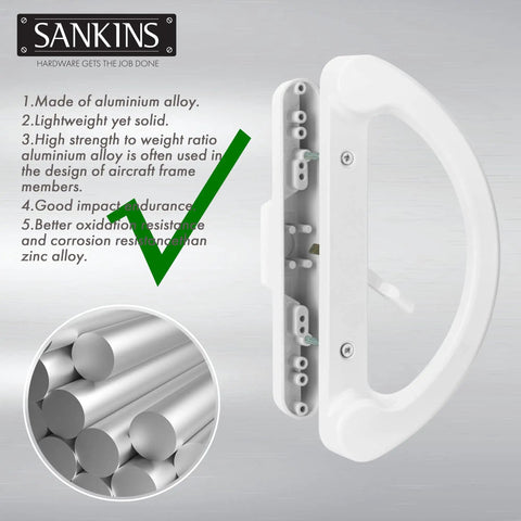 Sturdy White Diecast Sliding Patio Door Handle Pull Set Featuring Smooth Unkeyed Rotation For Mortise Lock Glass Doors side view with aluminum alloy details.