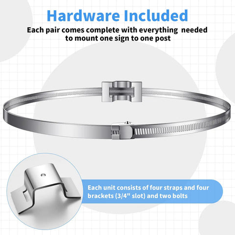 4 Pack Adjustable Sign Mounting Brackets For Poles And Road Signs, features 3/4 inch slot bracket and complete hardware included