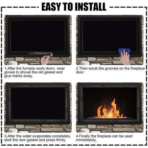 Flat gasket tape installation guide; four-panel front-view collage for stoves and fireplaces, self-adhesive fiberglass.