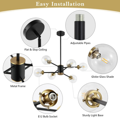 Six Light Sputnik Chandelier Pendant Light With 4.7 Inch Glass Globe Shades installation diagram with adjustable parts