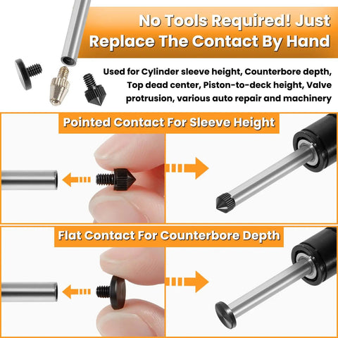 Pro-Grade Sleeve Height And Counter Bore Gauge for All Diesel Engines, showing pointed and flat contacts for measurement