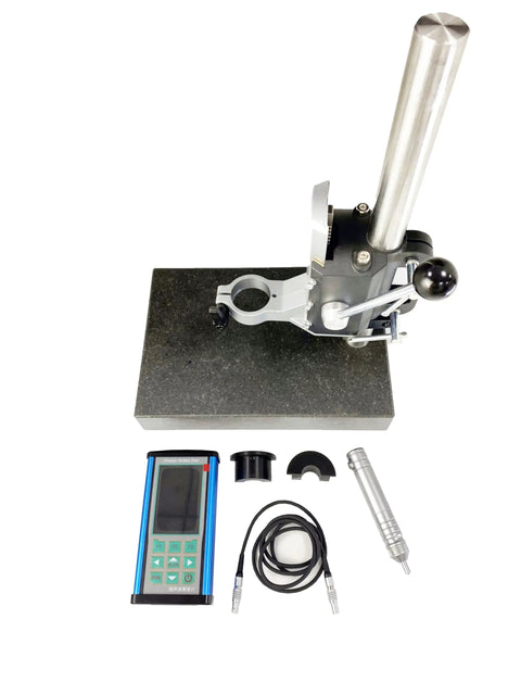 Portable Ultrasonic Hardness Tester With Sturdy Test Stand And Fine Probe 1kgf Load on a mount with accessories, ideal for metal testing.