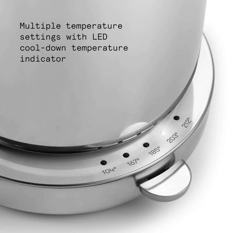 Close-up of a stainless steel electric kettle base with precision temperature control from 104 to 212 F and LED indicators.
