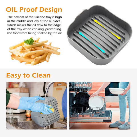 Air Fryer Silicone Pot Set For 8 Qt Dual DZ201 DZ401, showing oil-drain design and easy cleaning with gloves, dishwasher use