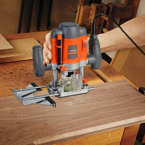 Workhorse Plunge Wood Router With Edge Guide 110 120V 1.6 HP Motor Variable Speed 16000 30000 RPM Durable Electric Router For Precision Cutting And Edge Shaping in use on a workbench