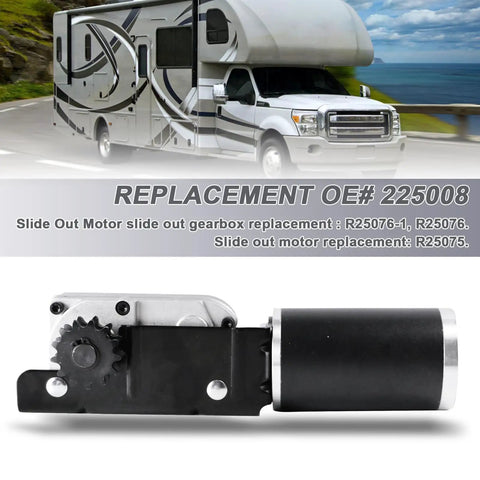 RV Slide Out Gearbox Motor Replacement 225008 With Accu Slide Cable Driven System And 13 Tooth Sprocket shown with RV background