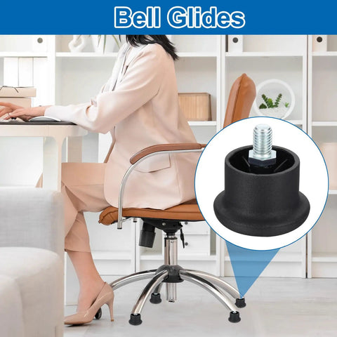 15 Pack Nylon Office Chair Glides Replacement Feet With 1.34 Inch Stem And 50mm Wheels Includes Wrench For Easy Install shown on a desk chair.