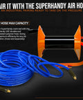 Retractable Hand Crank Air Hose Reel 3/8 Inch By 100 Feet, Built Tough Steel Frame, next to blue polymer air hose