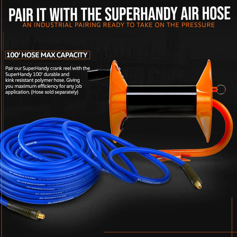 Retractable Hand Crank Air Hose Reel 3/8 Inch By 100 Feet, Built Tough Steel Frame, next to blue polymer air hose