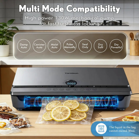 Powerhouse Vacuum Sealer For Food With 90KPa Power And 7 In 1 Modes Damp Moist Dry Canister And More Freshness Storage Bag Included Big Size No Pressing Needed on kitchen counter with control panel and packaged lemons
