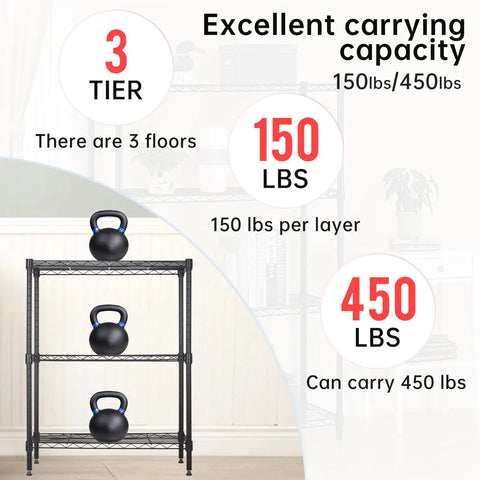 Tough As Nails Three Tier Wire Shelving Rack With Adjustable Steel Bars For Garage Home Closet Organization No Fuss Assembly Fits 23 By 13 By 30 Inches Holds Up To Four Fifty Pounds Black