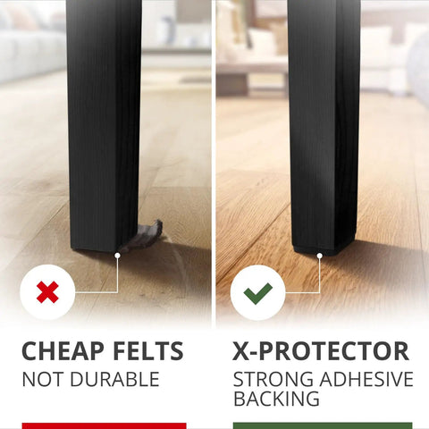 Comparison of chair leg protectors: Left shows damage from cheap felts, right shows Heavy Duty Durable Self Adhesive Felt Furniture Pads 48 Pack 1 Inch Square.