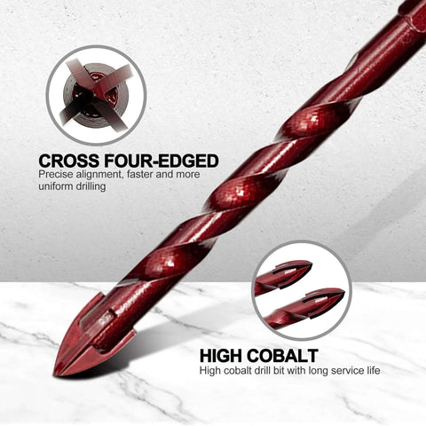 FEWELL masonry drill bit set, 10 pcs, 3/16–1/2 in, high-cobalt coated red drill bits (side view)