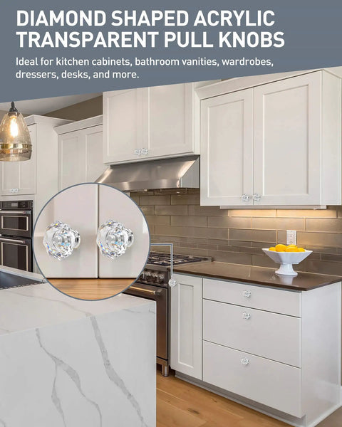 20 Pack Acrylic Drawer Cabinet Knobs Pulls With Three Size Screws Diamond Shaped Crystal Glass 28mm on kitchen cabinets