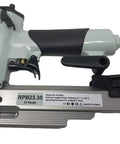 Heavy Duty Pneumatic 23 Gauge Brad Nailer Shoots Straight Through Detail Work With 6000 Piece Headless Pin Kit and Built In Air Duster for No Sweat Fine Crafting, close-up of handle and trigger.