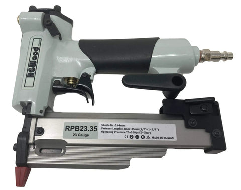 Heavy Duty Pneumatic 23 Gauge Brad Nailer Shoots Straight Through Detail Work With 6000 Piece Headless Pin Kit and Built In Air Duster for No Sweat Fine Crafting, close-up of handle and trigger.