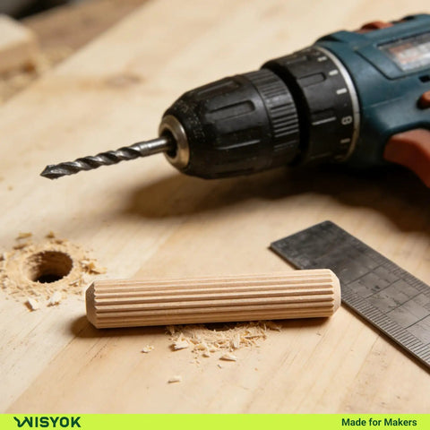 Eight Size Wooden Dowel Set Contains Three Hundred Pcs Of Premium Hardwood Dowels For Woodworking DIY Crafts And Home Projects Includes One Quarter Inch Five Sixteenths Inch And Three Eighths Inch Fluted Pins In Multiple Lengths For Strong Joints On a woodworking table with tools