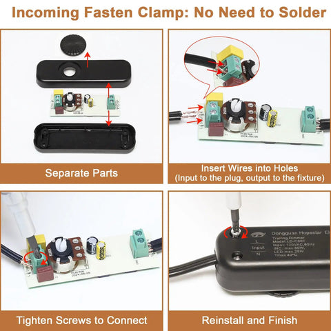 Incoming fasten clamp for Snag This Hella Useful 2 Pack Black Cord Lamp Dimmer Switch shows installation steps and connectors.