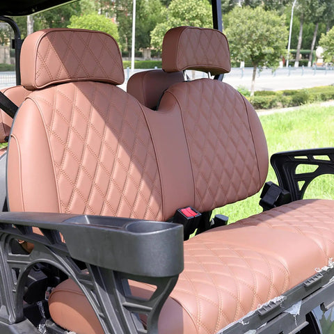 Premium leather seats in the 45 Mile Long Range 60V Electric Golf Cart 4 Seater with detailed stitching and armrests.