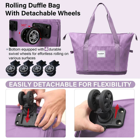 Front view of lavender checkerboard WOOMADA rolling duffel bag with detachable wheels