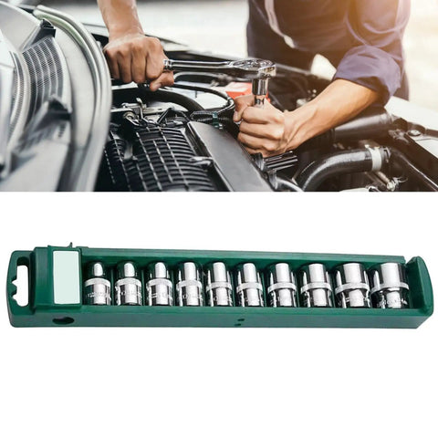Mechanic using Workhorse Car Socket Tool Kit, 10-Piece Set With Wrenches And Ratchets for automotive engine repair