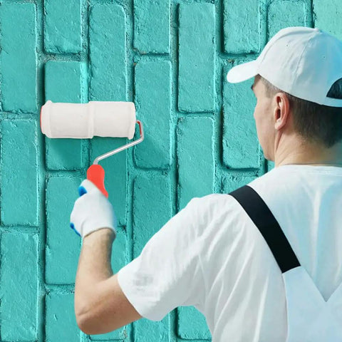 Person using 8 Inch Brick Pattern Embossing Paint Roller For Wall Decor DIY Easy Home Art Rubber Handle Embossing Cylinder For Creating Realistic Brick Wall Texture With Smooth Paint Finish on turquoise wall.