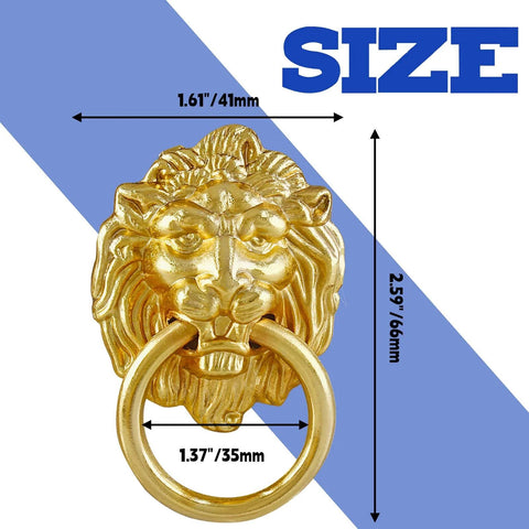 Lion Head Cabinet Pull Handle Set 12 Pack With Ring Pulls For Drawers Cabinets Wardrobes And Dressers In Gold Finish Includes Mounting Screws 66mm Long 41mm Wide 35mm Ring Diameter shown with dimensions.
