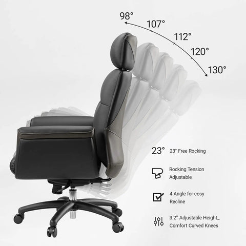 Ergonomic Office Chair For Home Office High Back Desk Chair With Lumbar Support Microfiber Leather showing adjustable recline angles.