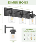 Dimensions diagram of Three Light Matte Black Vanity Light With Clear Glass Shades For Bathroom Mirror Over Vanity 22 Inch Modern Wall Sconces Farmhouse Style Lighting Fixture.