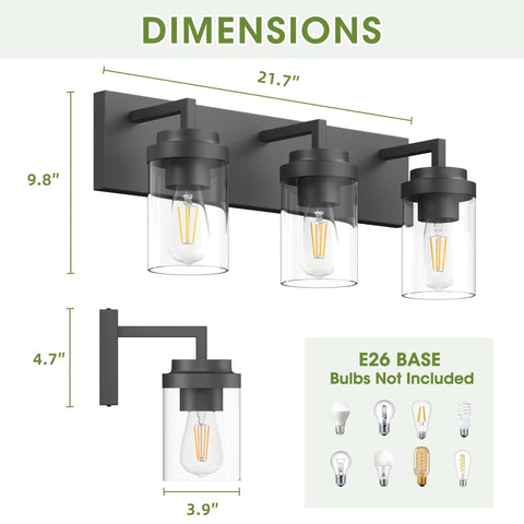 Dimensions diagram of Three Light Matte Black Vanity Light With Clear Glass Shades For Bathroom Mirror Over Vanity 22 Inch Modern Wall Sconces Farmhouse Style Lighting Fixture.