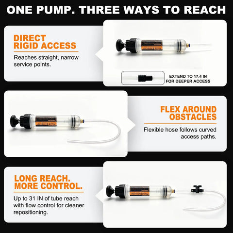 Tight Squeeze Friendly 200cc Automotive Fluid Extractor And Fill Pump With Manual Shut Off Valve and Flex Hose for Accessing Tight Spaces.