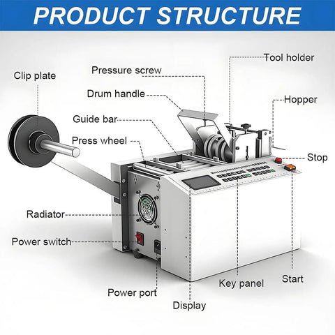 Product structure of Top Quality Automatic Heat Shrink Tube Cutter With Micro Computer Control and Zero Point One Mm Accuracy.