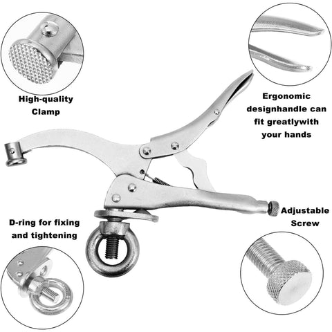 Side view of Beefy 9 Inch Drill Press Clamps Set Of 2 Locking Fixture with ergonomic handle and adjustable screw, showing features.