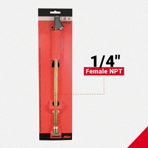 Straight Foot Dual Head Air Chuck With 12 Inch Extended Reach for Tire Pressure Gauges, 1 Quarter Inch FNPT packaging.