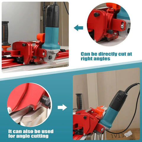Electric Orbital Angle Grinder Tile Cutter For Large Ceramic Porcelain Tiles Up To 124 Inches With Pro Grade Precision And A Smooth Cut Every Time Ideal For Contractors And DIY Pros, red metal base shown cutting at right and angle cuts