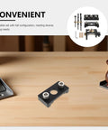 Adjustable Dowel Jig Kit With Precision Drill Guide Locator For Woodworking and Furniture Assembly featuring black aluminum positioning guide piece on wood surface.