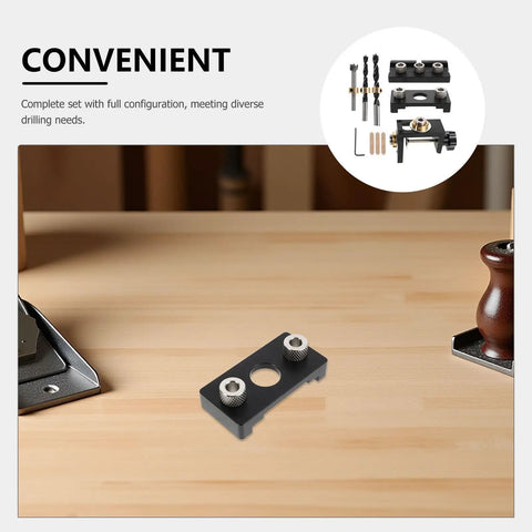 Adjustable Dowel Jig Kit With Precision Drill Guide Locator For Woodworking and Furniture Assembly featuring black aluminum positioning guide piece on wood surface.