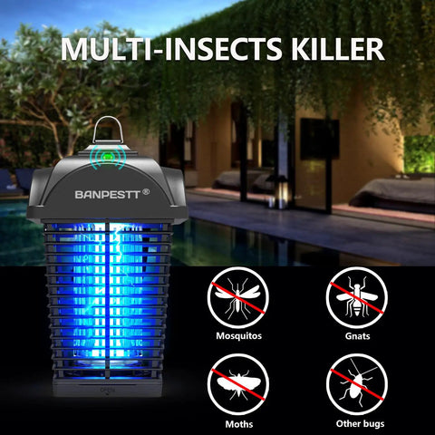 Outdoor Bug Zapper Plug In 4000V Mosquito Killer waterproof with dusk to dawn sensor in garden setting at night.