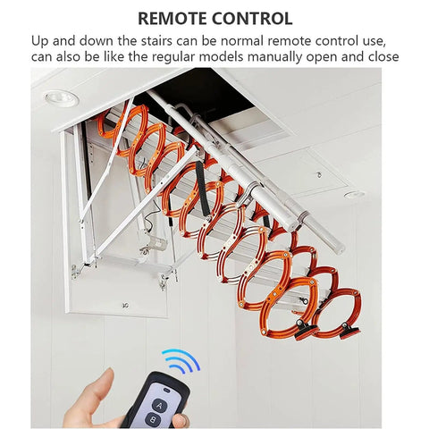 Heavy Duty Electric Wall Mount Attic Stairs With Hella Sturdy Steel Frame And Slip Proof Treads Featuring A Slick Fold Away Design showcasing remote control use.