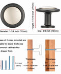 Round Cabinet Knobs 10 Pack Matte Black And Nickel; solid metal knobs with included screws, showcasing diameter and dimensions.