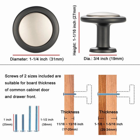 Round Cabinet Knobs 10 Pack Matte Black And Nickel; solid metal knobs with included screws, showcasing diameter and dimensions.