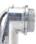 Rock Solid Three Quarter Inch Conduit Elbow Squeeze Connector 90 Degree Sweep showing metal finish and threaded end for AC MM MC cable.