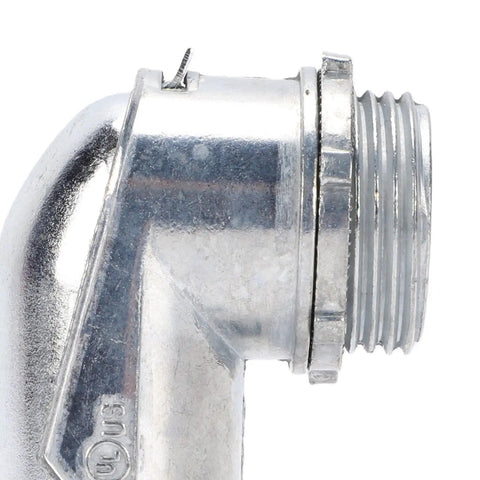 Rock Solid Three Quarter Inch Conduit Elbow Squeeze Connector 90 Degree Sweep showing metal finish and threaded end for AC MM MC cable.