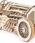 Dope Mechanical Grand Prix Car Wooden 3D Puzzle 348 Parts Build 13.8 Inch Model With Realistic V8 Engine Moving Fan 16 Valves Three Transmission Modes Rubberized Wheels Spring Front Fork Vintage Racer Look, side view